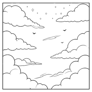 Weitläufiger Wolkenhimmel mit Vögeln Ausmalbild für junge Himmelsfreunde