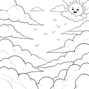 Strahlender Wolkenhimmel mit lächelnder Sonne Malvorlage für kleine Himmelswunder