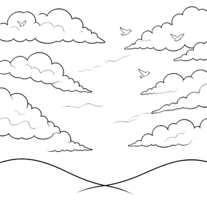 Riesiger Wolkenhimmel mit fliegenden Vögeln Malbild für mutige Himmelsforscher