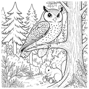 Wachsamer Waldkauz und Eichhörnchen Malbild für mutige Waldbewohner