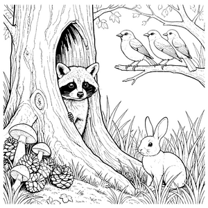 Neugieriger Waschbär und Hase Malvorlage für Waldfreunde