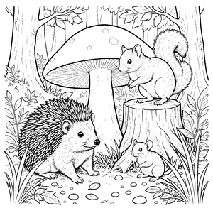 Niedliches Waldtier-Ensemble am Pilz Malbild für kreative Naturfreunde
