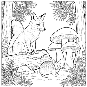 Begeisterter Fuchs und Eichhörnchen Malvorlage für malfreudige Waldbeobachter