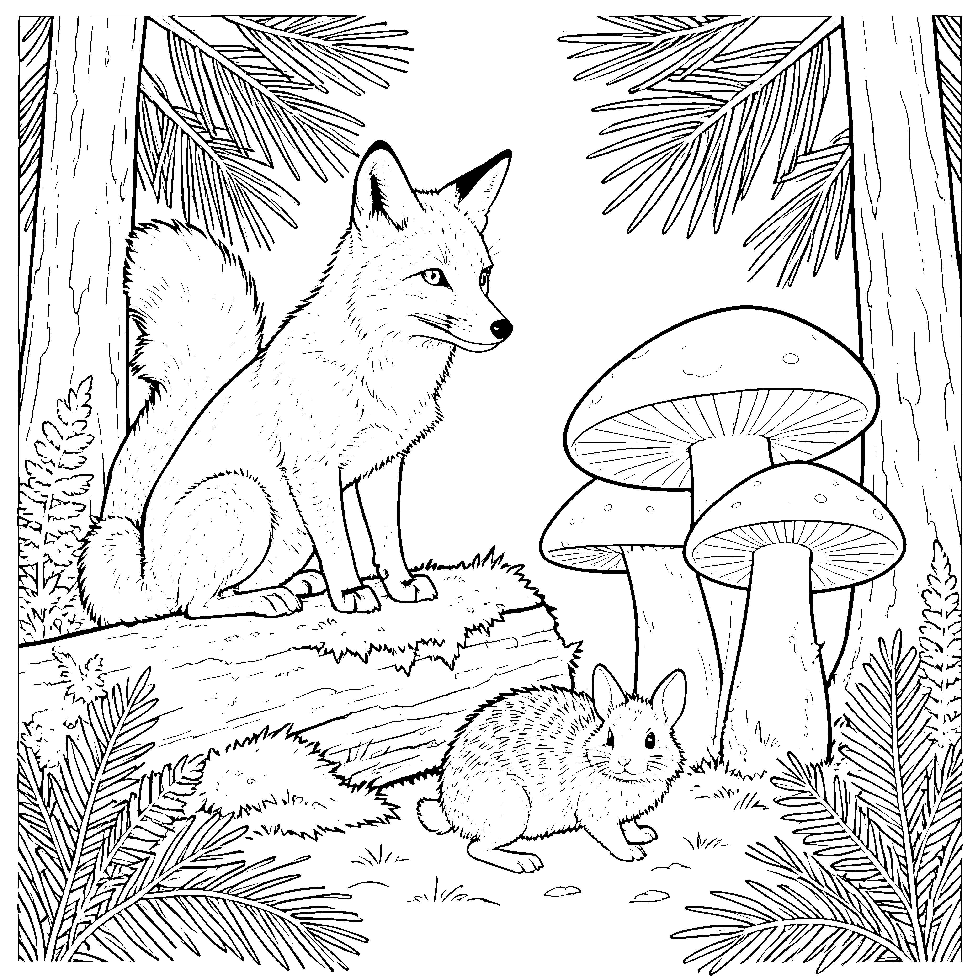 Begeisterter Fuchs und Eichhörnchen Malvorlage für malfreudige Waldbeobachter