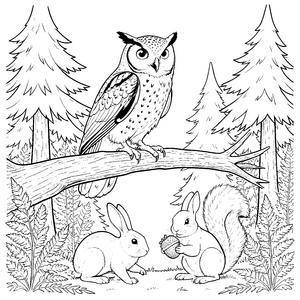Wachsame Eule mit Hase und Eichhörnchen Malbild für Waldtierschützer
