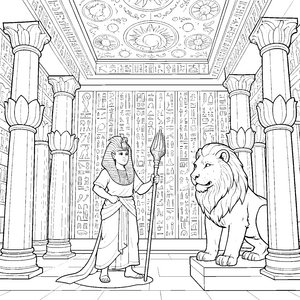Majestätischer Pharao mit Löwenstatue Bastelmotiv für neugierige Tempelbesucher