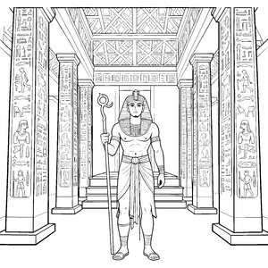 Majestätischer Pharao mit Hieroglyphen-Bastelmotiv für neugierige Ägyptenfreunde Ausmalbild