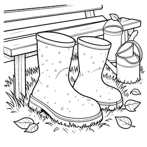 Niedrige Gummistiefel bei der Parkbank Ausmalvorlage für fröhliche Gartenhelfer