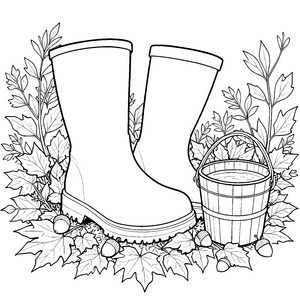 Herbstliche Gummistiefel am Holzeimer Ausmalvorlage für verträumte Waldläufer