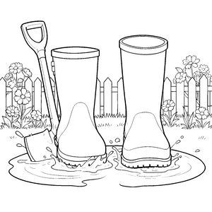 Fröhliche Gummistiefel mit Schaufel Malvorlage für junge Pfützenhühner