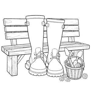Gemütliche Gummistiefel mit Gartenkorb Malbild für mutige Pflanzenfreunde