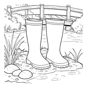 Idyllische Gummistiefel an der Brücke Malbild für kleine Bachforscher
