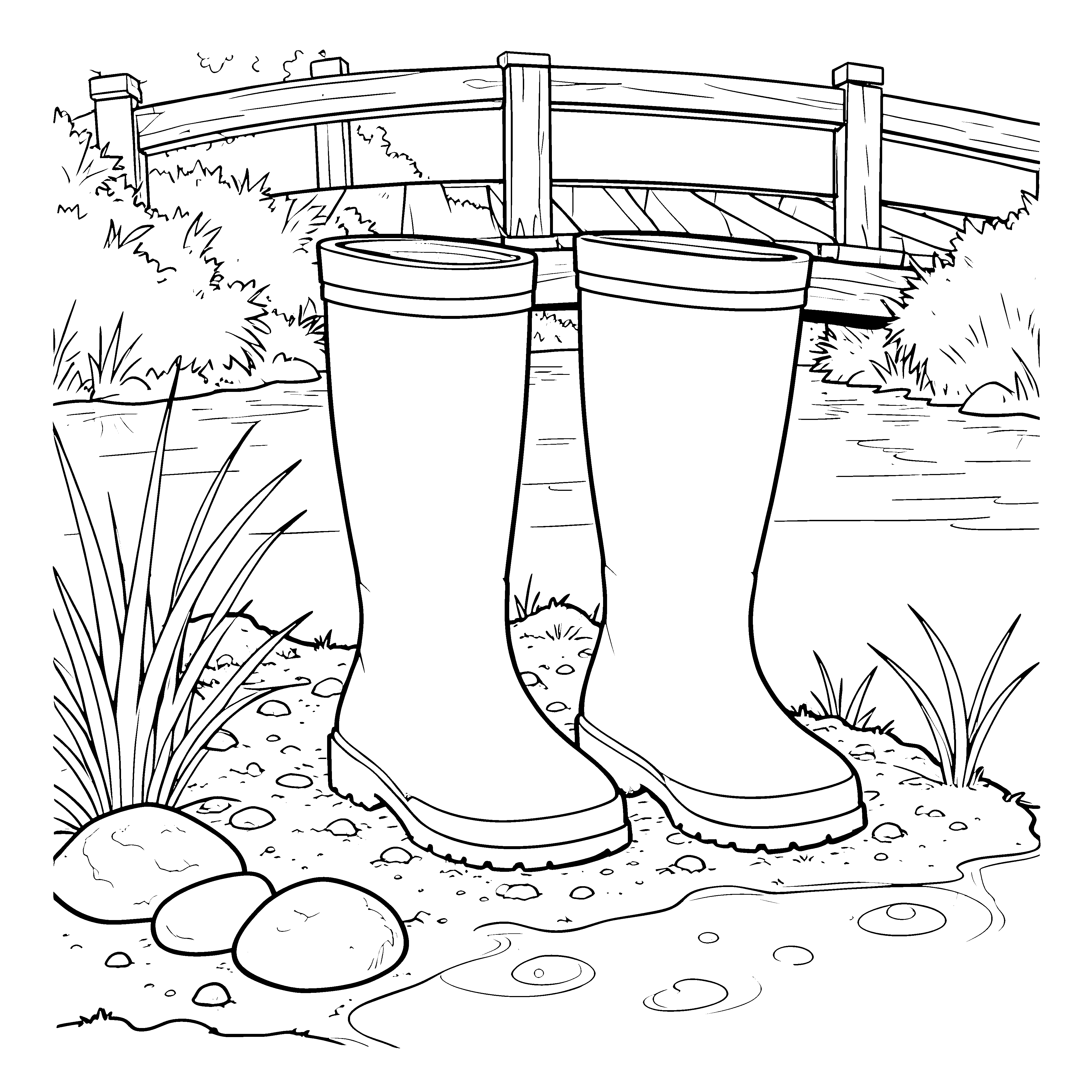 Idyllische Gummistiefel an der Brücke Malbild für kleine Bachforscher