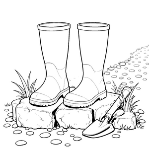 Naturverbundene Gummistiefel mit Schaufel Bastelvorlage für junge Gartenfreunde