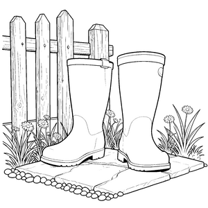 Rustikale Gummistiefel am Holzzaun Bastelvorlage für kreative Naturkinder