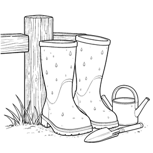 Nasser Gummistiefel mit Schaufel Malvorlage für fröhliche Gartenhelfer