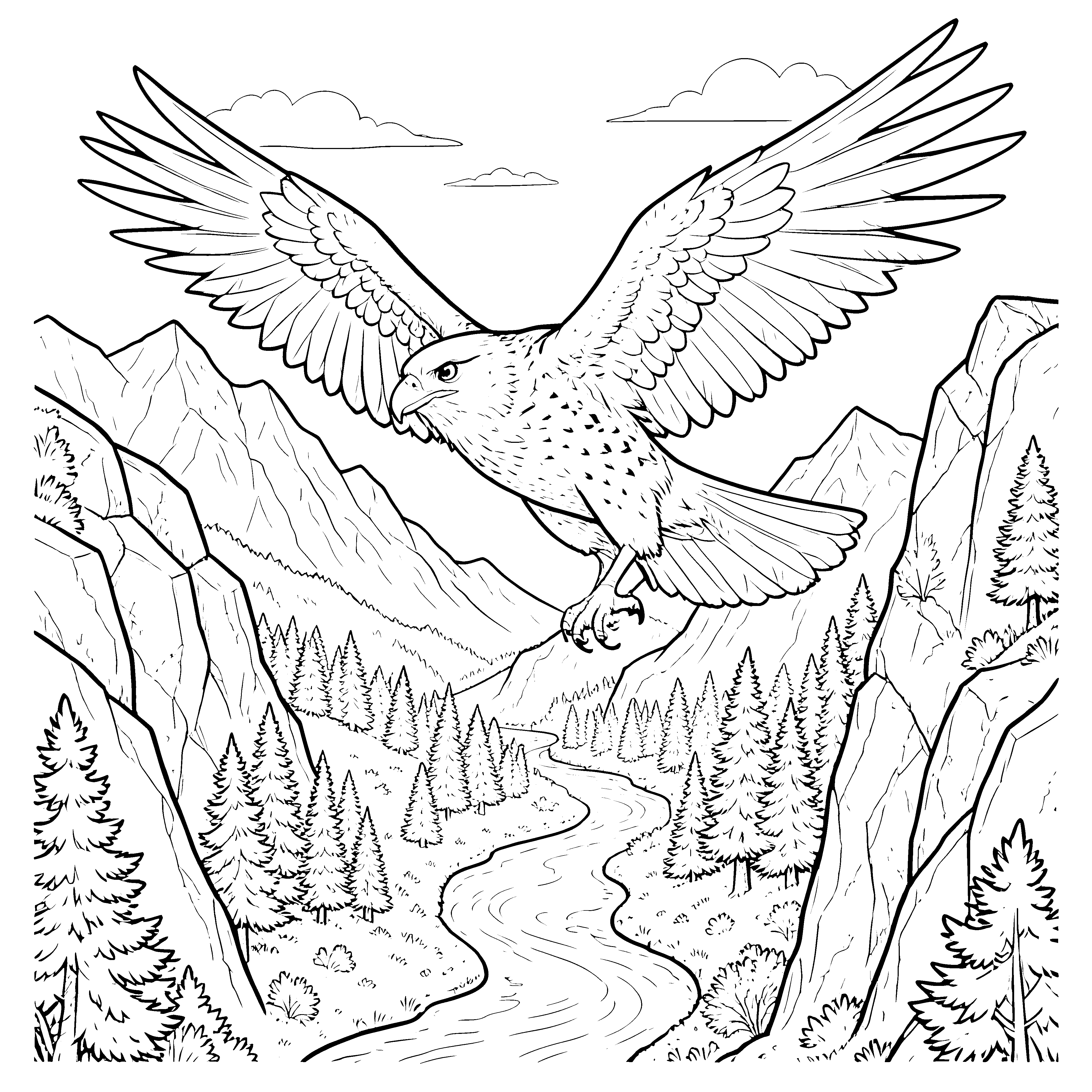 Kraftvoller Greifvogel über Gebirgsfluss Malbild für mutige Flussforscher