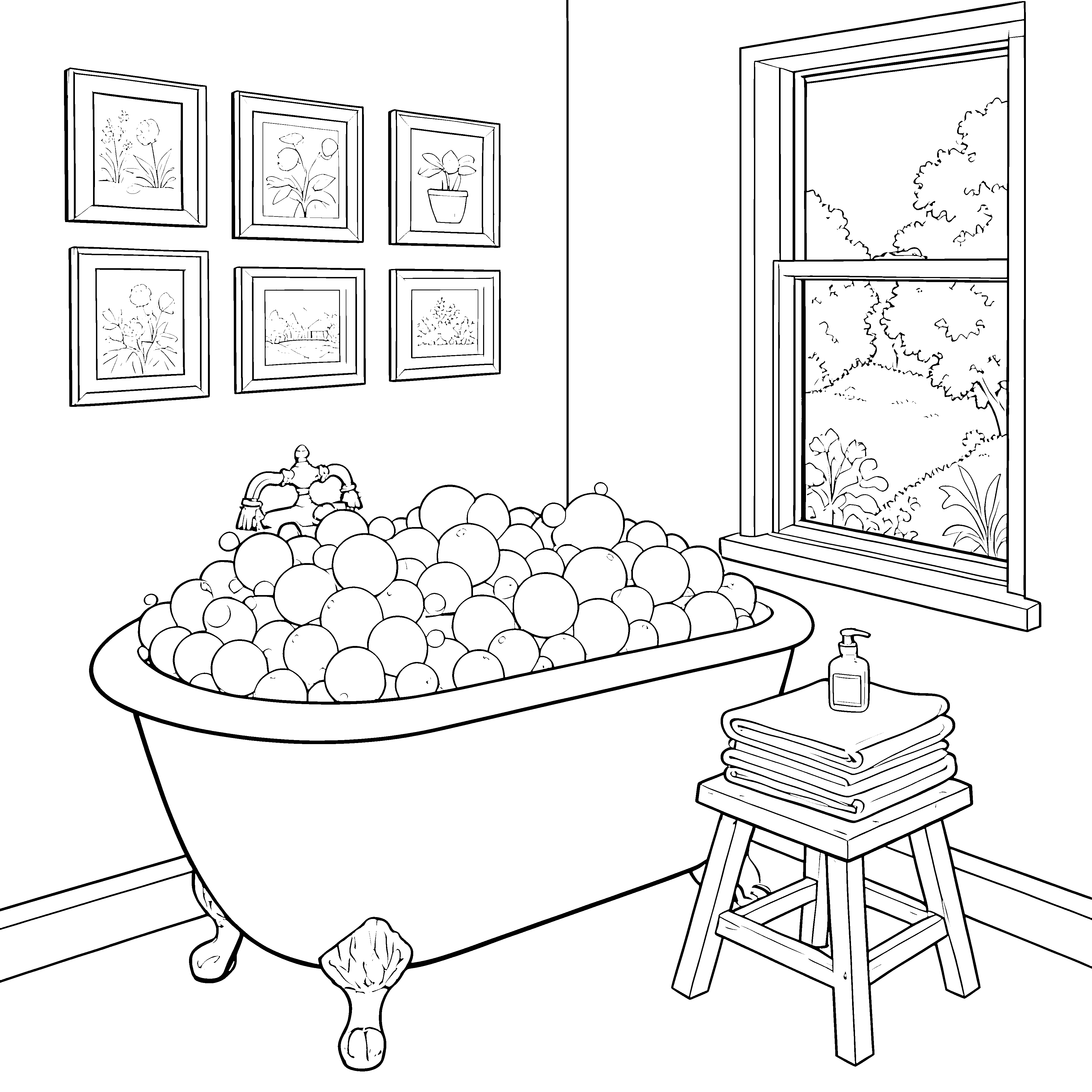 Prächtige Badewanne mit Badebomben Ausmalvorlage für kreative Badefans