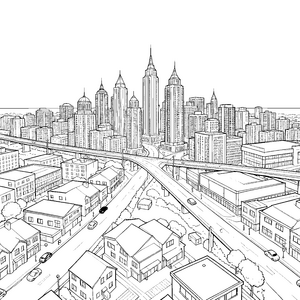 Urbane Skyline mit Autobahn Ausmalbild für Verkehrsfreunde