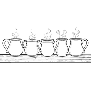 Dampfende Tassen auf Holzbrett Ausmalbild für malfreudige Kaffeetrinker