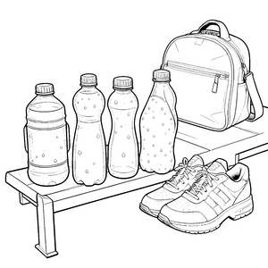 Sportliche Wasserflaschen und Turnschuhe Bastelmotiv für neugierige Hallensportler