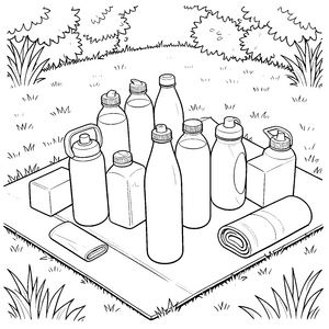 Abwechslungsreiche Wasserflaschen auf Picknickdecke Malbild für kreative Ausflügler