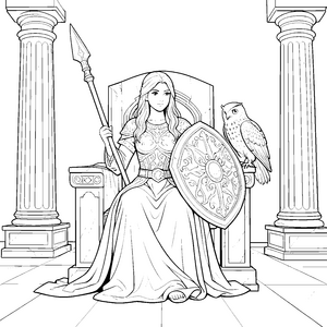 Majestätische Göttin mit Speer und Eule Bastelmotiv für malfreudige Mythologiefans