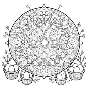 Üppiges Oster-Mandala mit Eierkörben Bastelvorlage für neugierige Frühlingsfinder
