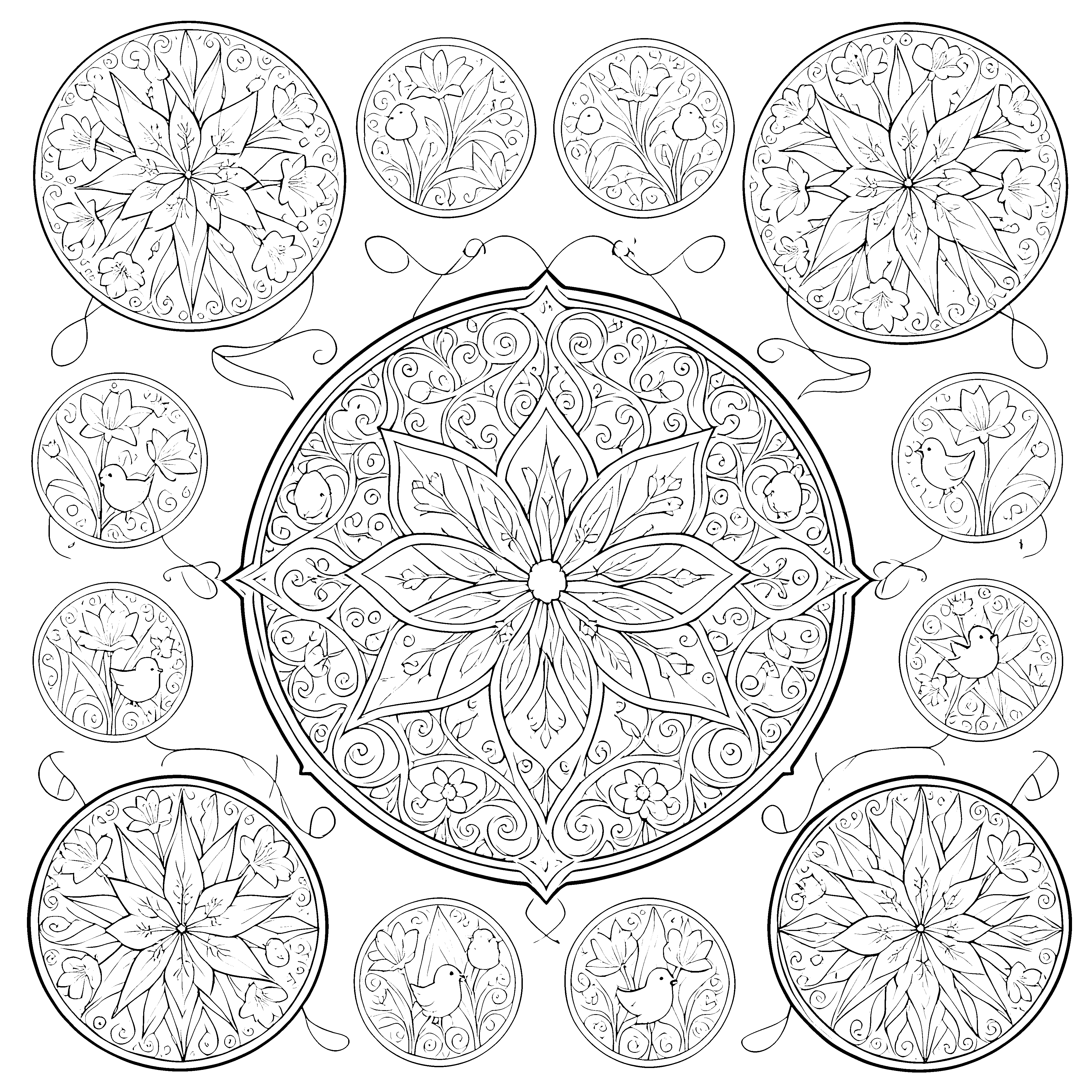 Detailreiches Oster-Mandala mit Vögeln Ausmalbild für neugierige Frühlingskinder