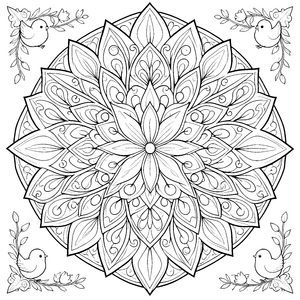Symmetrisches Oster-Mandala mit Vögeln Malbild für mutige Frühlingsgeister