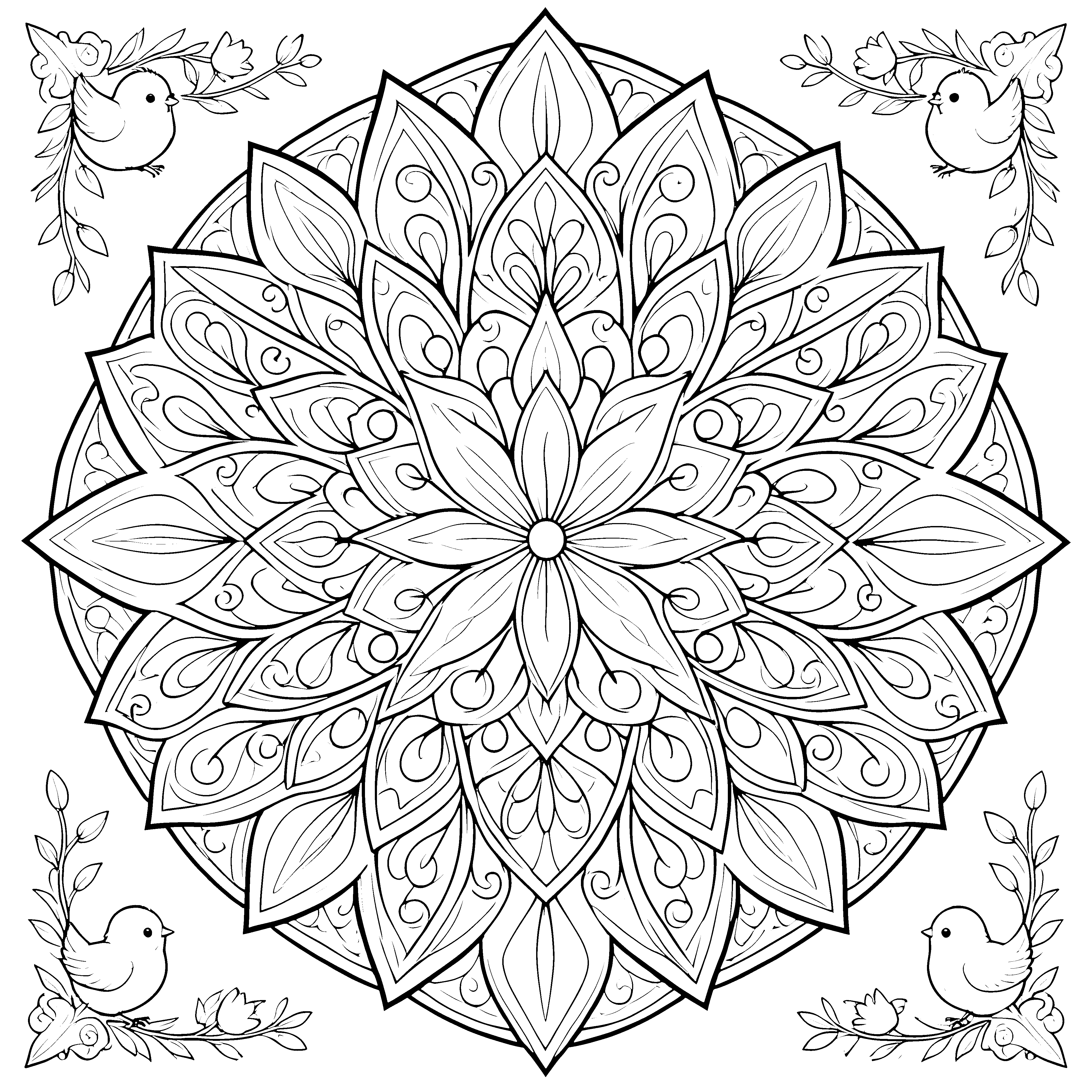 Symmetrisches Oster-Mandala mit Vögeln Malbild für mutige Frühlingsgeister