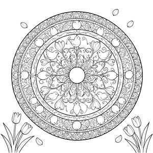 Prachtvolles Oster-Mandala mit Vögeln und Tulpen Bastelmotiv für Frühlingsfans