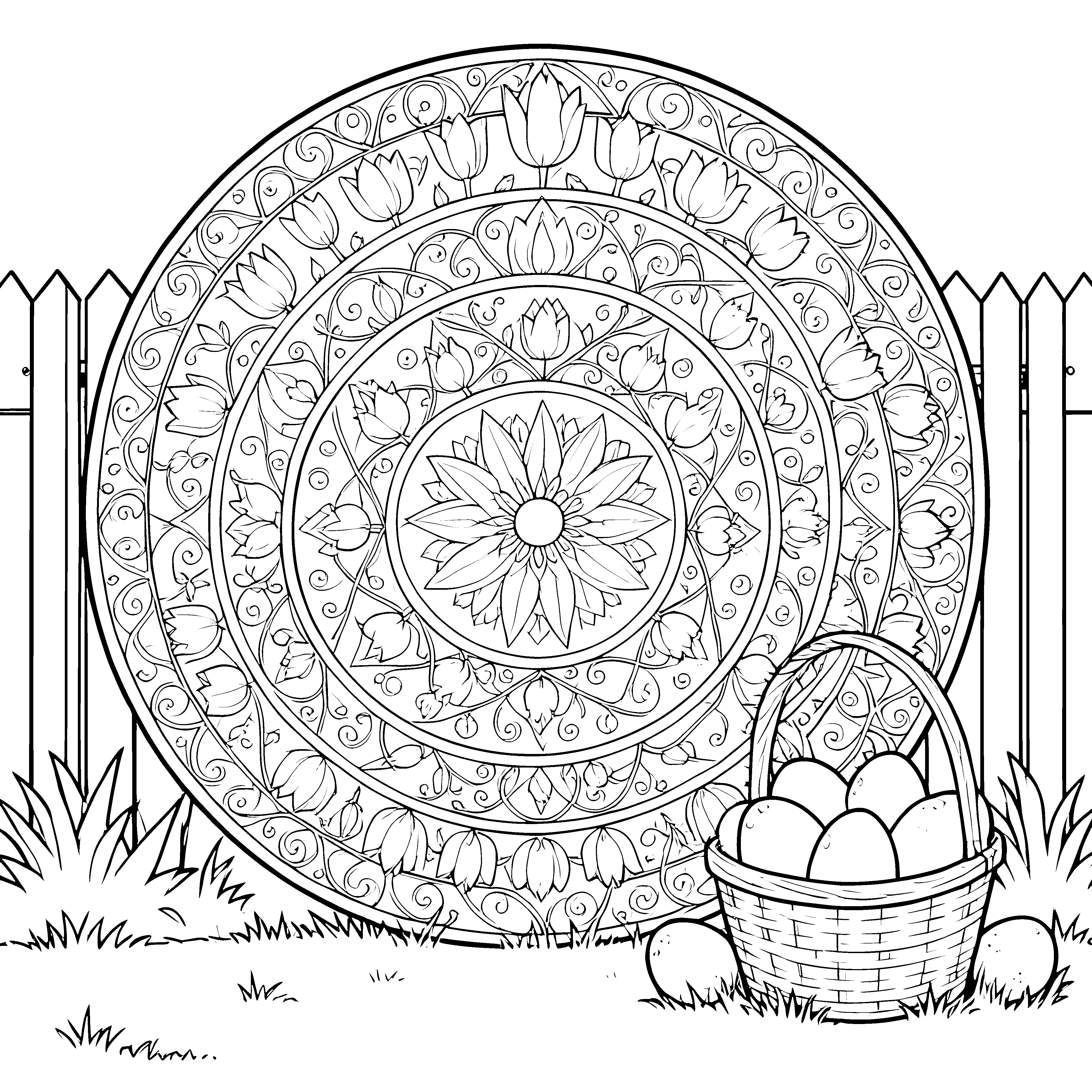 Prachtvolles Oster-Mandala mit Tulpenkorb Ausmalbild für kreative Frühlingsfreunde