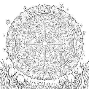 Detailreiches Oster-Mandala mit Schmetterlingen Ausmalvorlage für kleine Frühlingsfreunde