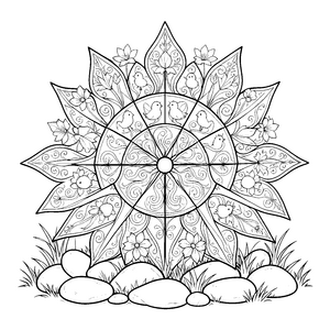 Verschnörbeltes Oster-Mandala mit Vögeln und Blumen Bastelvorlage für kleine Naturfreunde