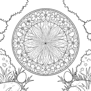Detailreiches Oster-Mandala mit Blumen und Eiern Bastelvorlage für verträumte Frühlingskinder