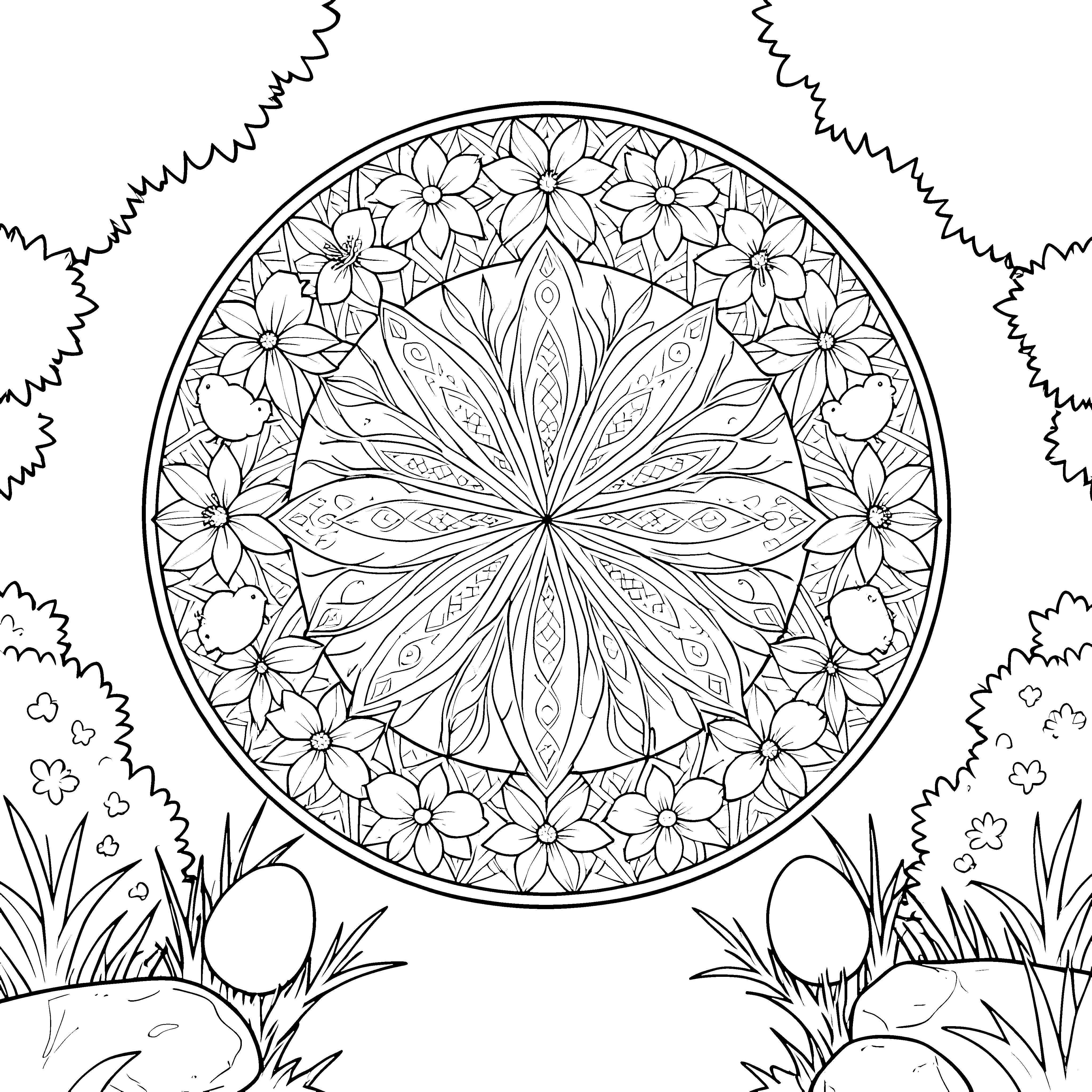 Detailreiches Oster-Mandala mit Blumen und Eiern Bastelvorlage für verträumte Frühlingskinder