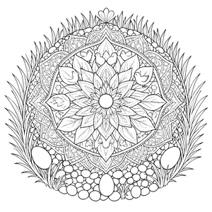 Filigranes Oster-Mandala mit Vögeln und Eiern Malvorlage für fröhliche Blumenkinder