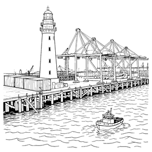 Belebter Hafen mit Leuchtturm Ausmalvorlage für neugierige Seeleute