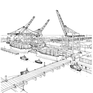 Imposanter Hafen mit Containerkränen Ausmalbild für fröhliche Schiffsfreunde