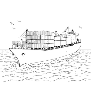 Imposantes Frachtschiff mit Kränen Malbild für kleine Meeresabenteurer