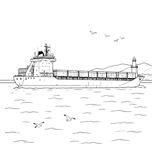 Beeindruckendes Frachtschiff mit Leuchtturm Malbild für kreative Seeleute