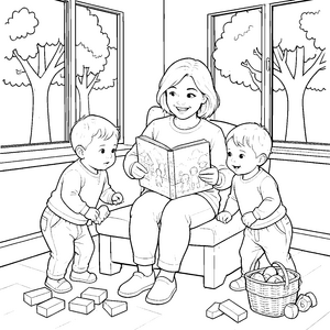 Liebevolle Erzieherin mit Buch Malbild für kleine Geschichtsfreunde
