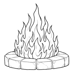Lodernde Flammen auf Steinblöcken Malvorlage für kleine Lagerfeuerfreunde