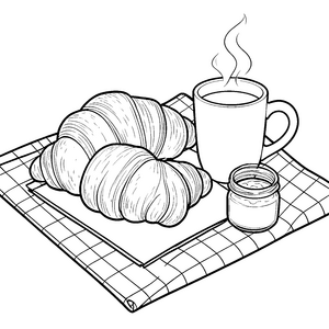Goldbraune Croissants auf karierter Tischdecke Ausmalbild für kreative Frühstücksfanatiker