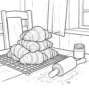 Frische Croissants mit Nudelholz Bastelmotiv für fröhliche Backbegeisterte