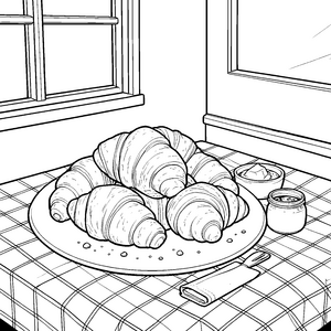 Frische Croissants auf karierter Tischdecke Malbild für kreative Frühstückskünstler