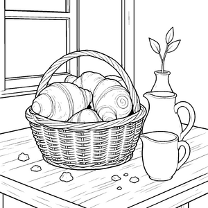 Rustikale Croissants im Korb Ausmalbild für fröhliche Frühstücksgäste