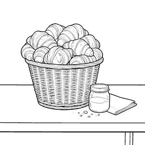 Reichhaltiger Korb voller Croissants Ausmalbild für malfreudige Backfans