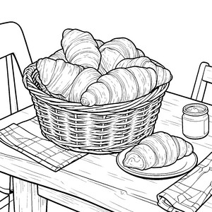 Frisch gebackene Croissants im Korb Ausmalbild für kleine Frühstücksgäste